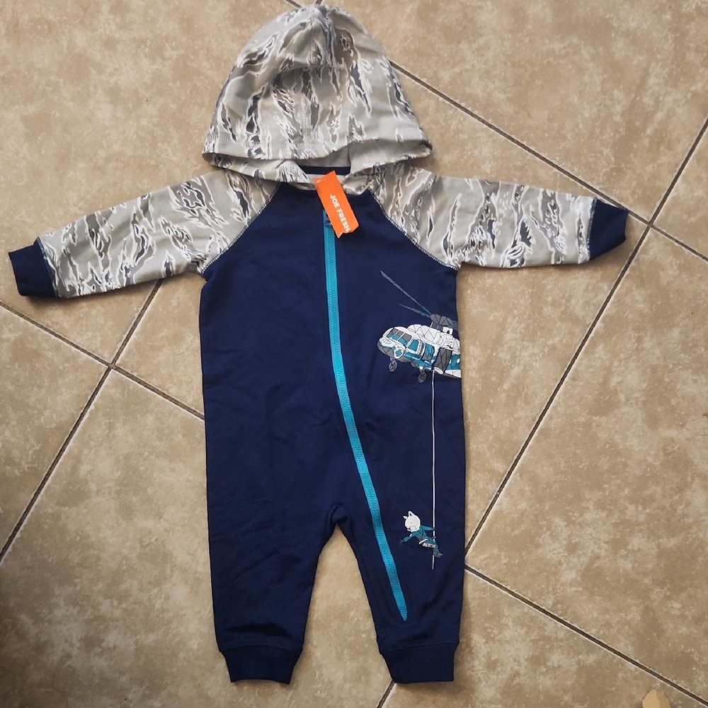 Joe Fresh Blue and Gray Kids One Piece with Helicopter and Hoodie